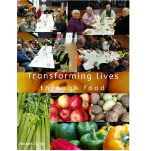 Picture of people eating at shared tables , picture of fruit and vegetables with text reading 'Transforming lives through food'