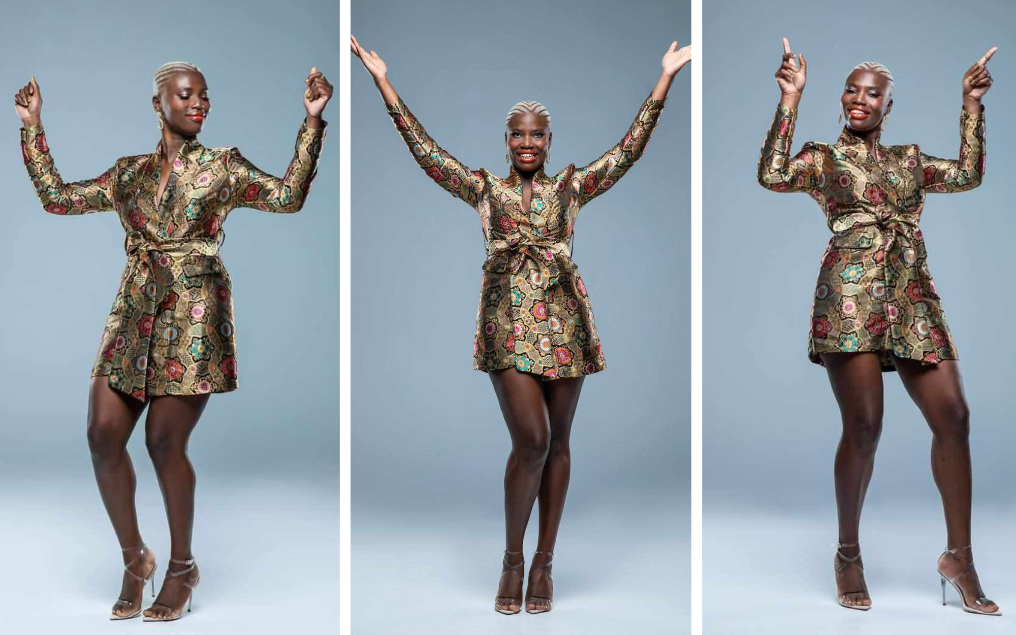 A collage of three photos of Khadija dancing. In the middle photo they have arms outstretched.